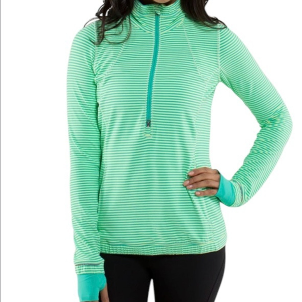 lululemon athletica Mint Green and White Striped Long Sleeve Half-Zip Top